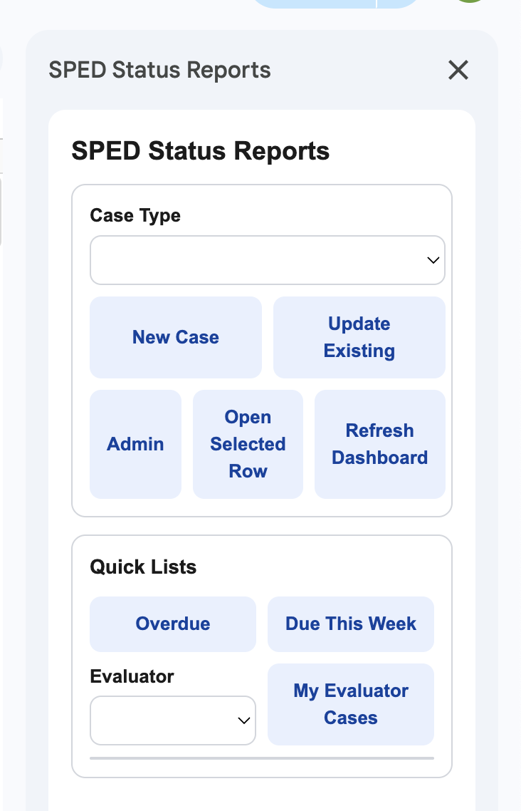 SPED Status Reports app dashboard with case actions and quick lists
