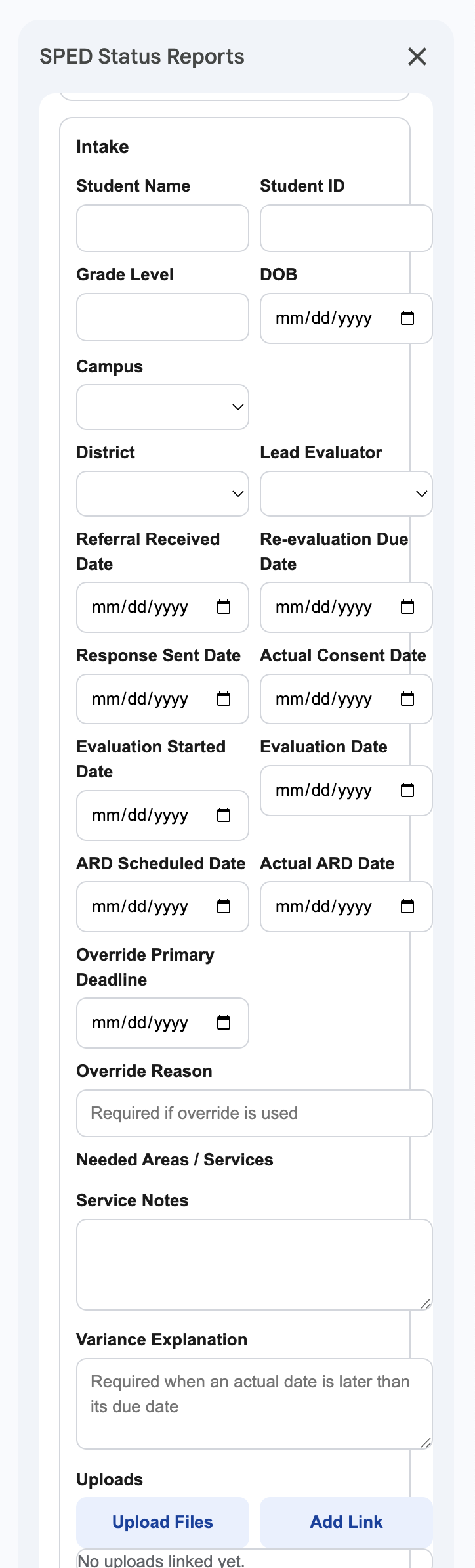 SPED Status Reports intake form with student information, milestone dates, services, and upload fields