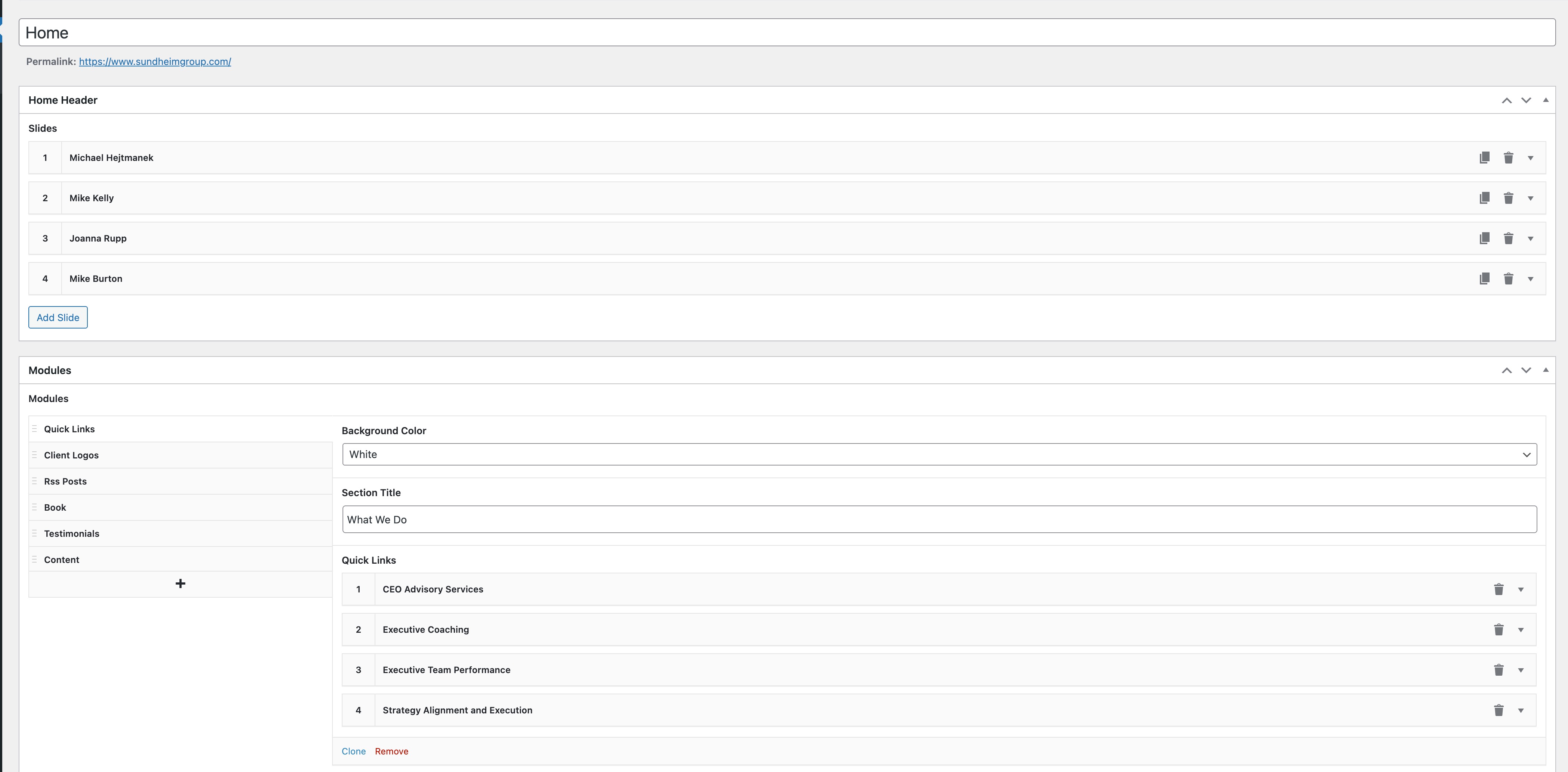 Legacy WordPress classic editor and ACF flexible content fields for The Sundheim Group
